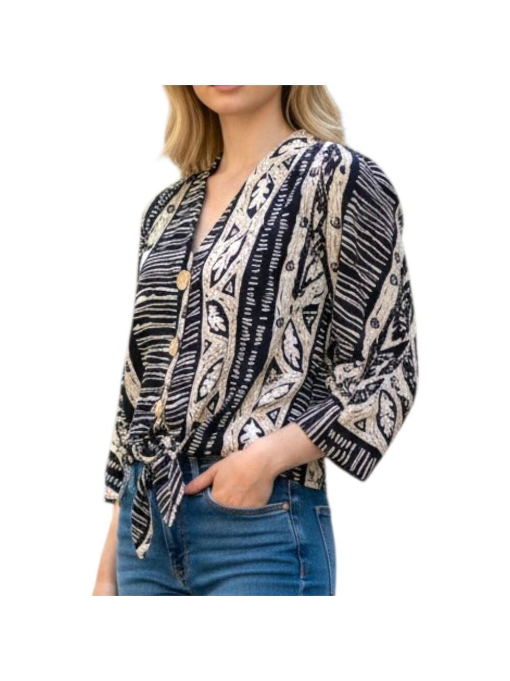 Sharon Anthony Vintage Tribal Print Crop Top - Tie Front 90s Boho M